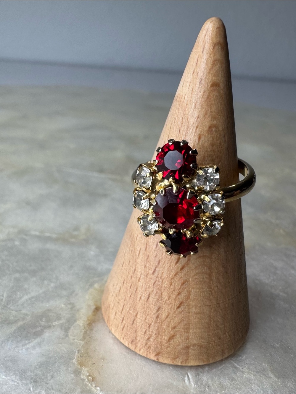 Vintage Rhinestone Cocktail Ring Gold Tone Ruby Red Crystal Statement Retro